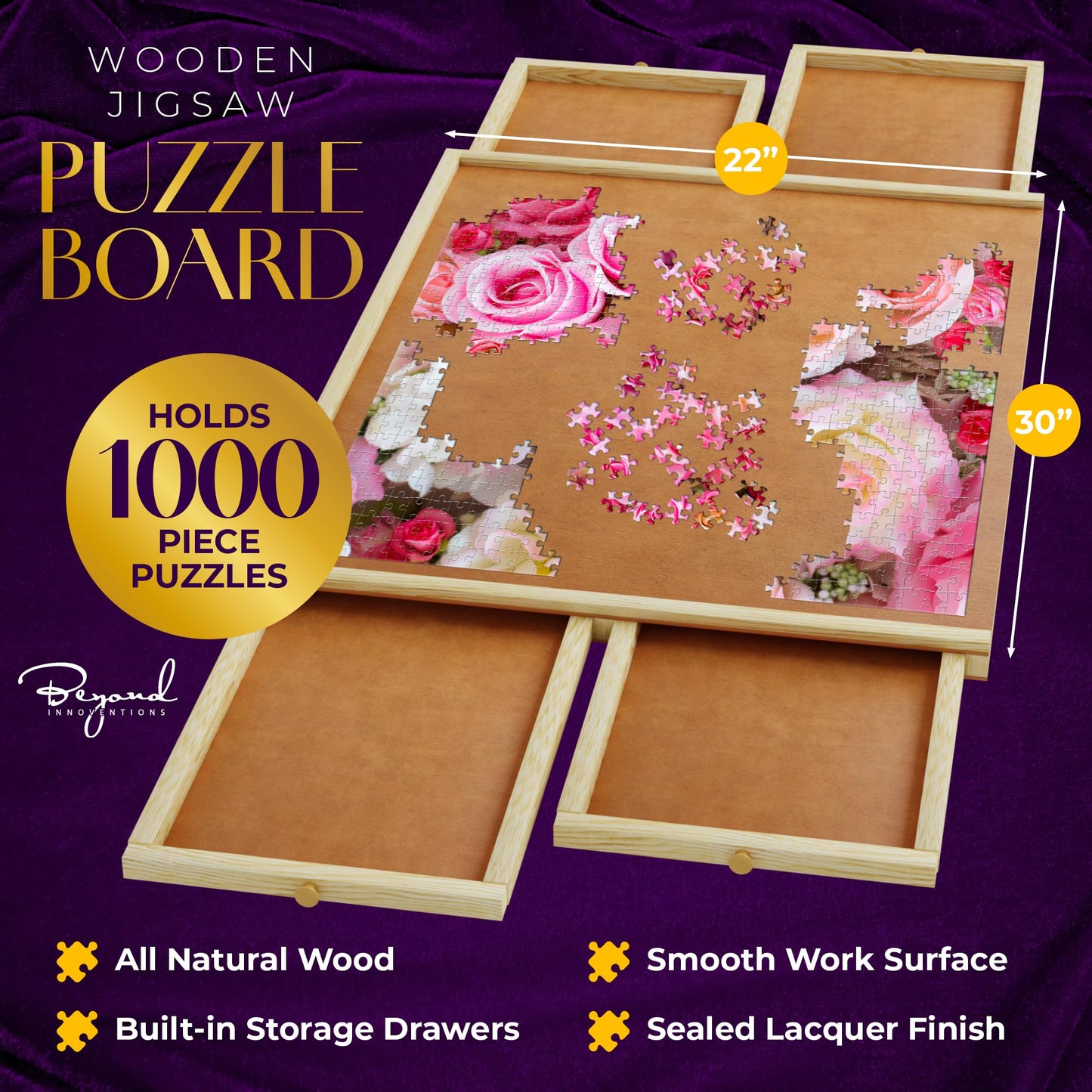 1000 Piece Wooden Jigsaw Puzzle Board - 4 Drawers, Non-Rotating Puzzle Table | 30” X 22” Jigsaw Puzzle Table | Puzzle Cover Included - Portable Puzzle Tables for Adults and Kids by Beyond Innoventions