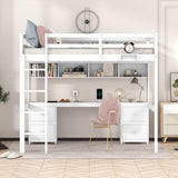 SOFTSEA Full Size Loft Bed with Desk, Drawers, and Storage in White SOFTSEA