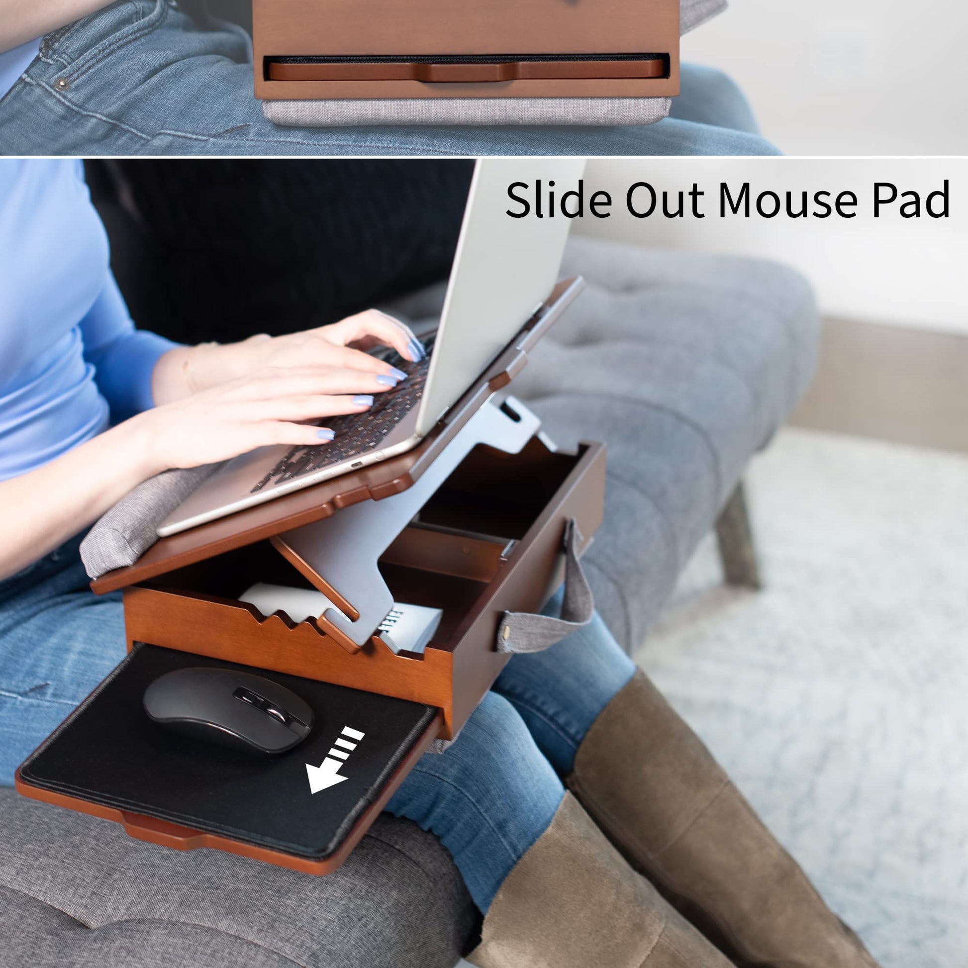 SideKiix Wooden Tilting Lap Desk for Writing, Drawing, Laptop Work, and More, Height Adjustable Compact Table with Slide-Out Mouse Pad, Internal Storage, Wrist Support, Dark Wood, SX-LAPD-1 - WoodArtSupply