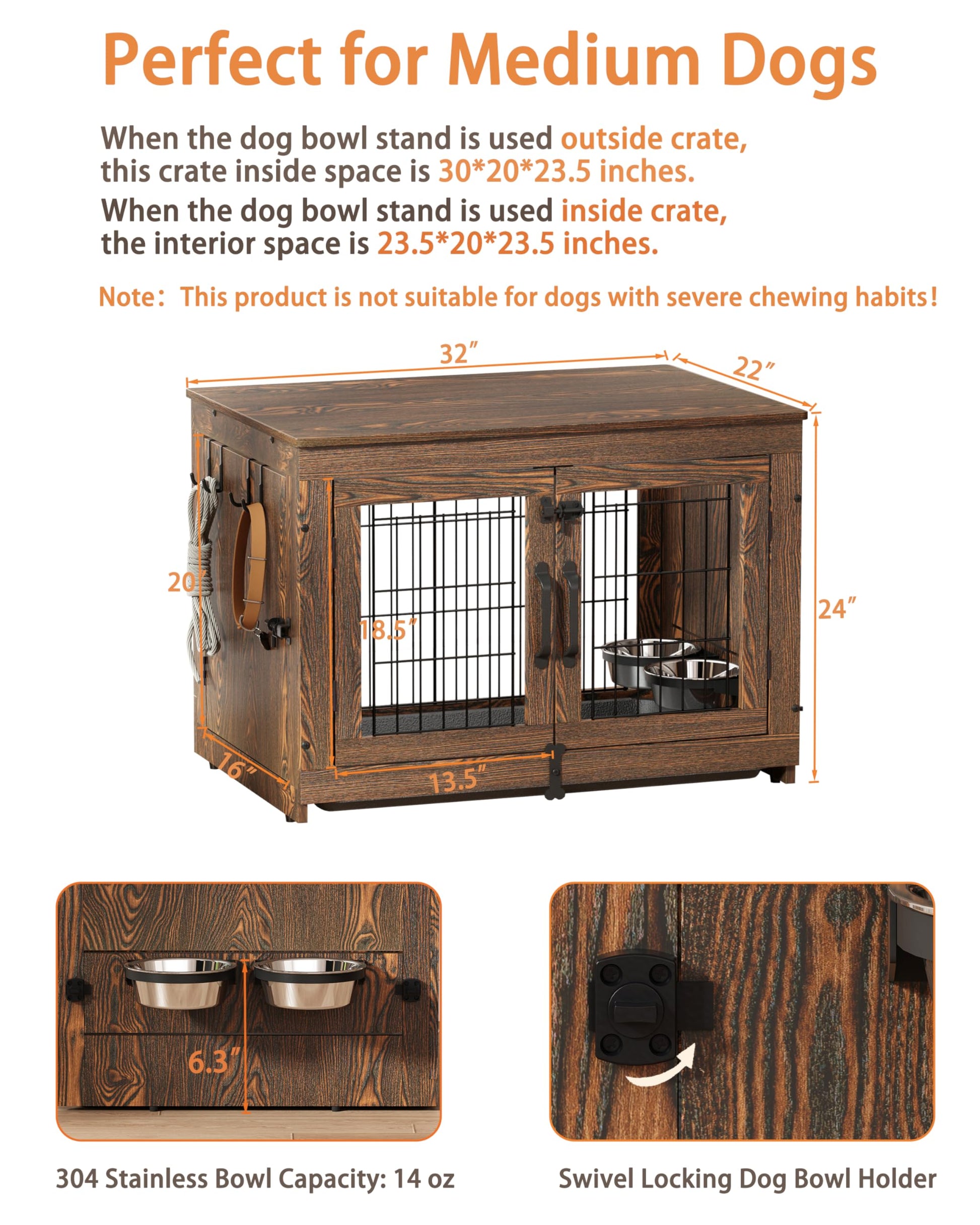 Piskyet Wooden Dog Crate Furniture with 360°Rotatable Removable Dog Bowls, Dog Crate End Table with Tray, Double Doors Dog Kennels for Dogs(M:31.8" L*22.1" W*24.1" H, Rustic Style) - WoodArtSupply