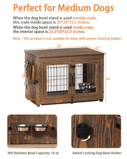 Piskyet Wooden Dog Crate Furniture with 360°Rotatable Removable Dog Bowls, Dog Crate End Table with Tray, Double Doors Dog Kennels for Dogs(M:31.8" L*22.1" W*24.1" H, Rustic Style) - WoodArtSupply