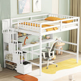 Full Size Loft Bed with Desk and Storage Shelves,Solid Wood Loft Bed Frame with Storage Staircase,High Loft Bed Full Size with Stair for Kids,Teens, Adults,White Bellemave
