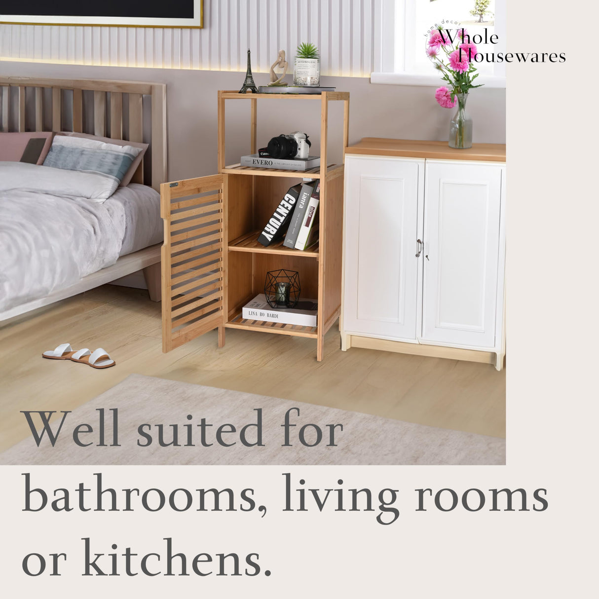 WHOLE HOUSEWARES Bamboo Shoe Rack Cabinet - Shelf Storage with Doors for Bathroom, Bedroom, and Kitchen- Freestanding Entryway Organizer Furniture - Multi-Tier Wood Cabinets for Small Spaces WHOLE HOUSEWARES