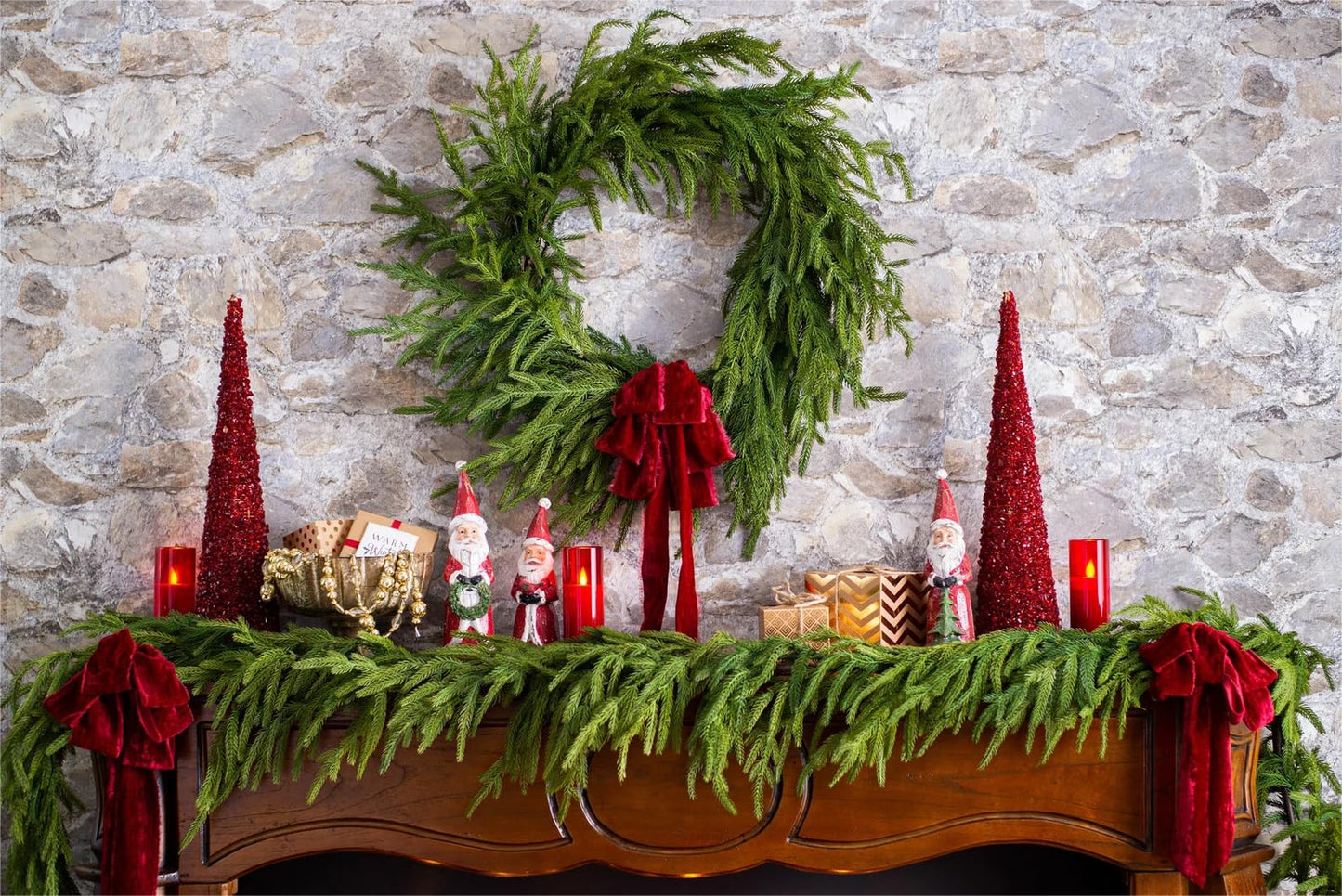 ENVEN Real Touch Norfolk Pine Christmas Garland and Wreath Set, 24IN Green Wreath and 9FT Christmas Garland Artificial Faux Greenery Norfolk Pine for Holiday Indoor Mantle Decor