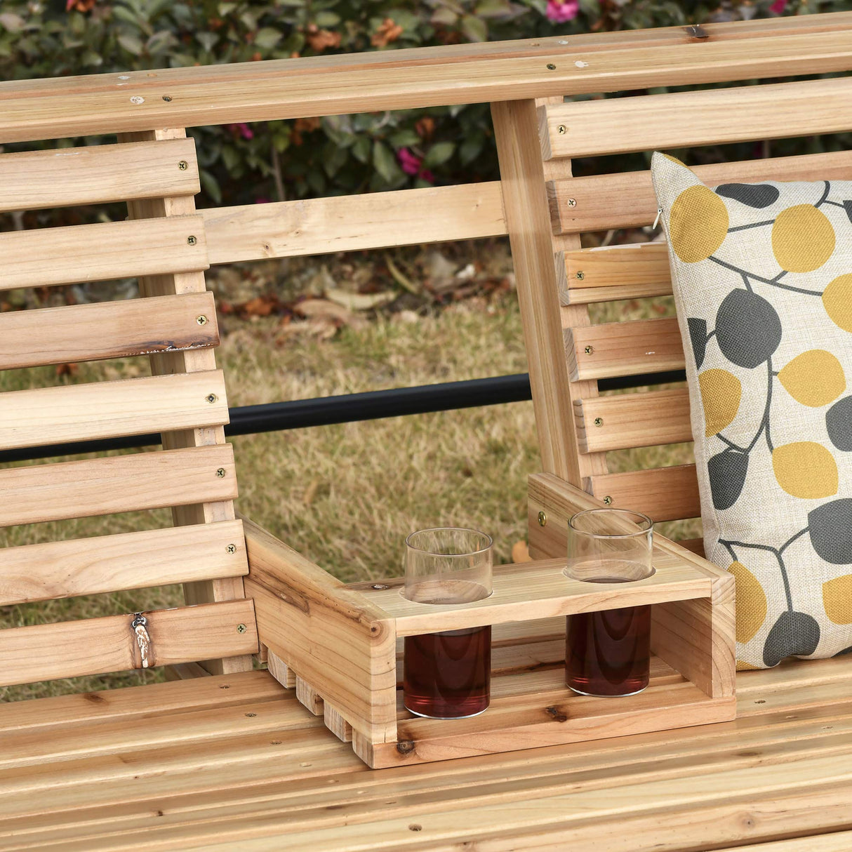 Outsunny 3-Seater Wooden Porch Swing, Patio Swing Bench with Folding Coffee Table, Cup Holders and Chains Included, 440lbs Weight Capacity, Natural Outsunny