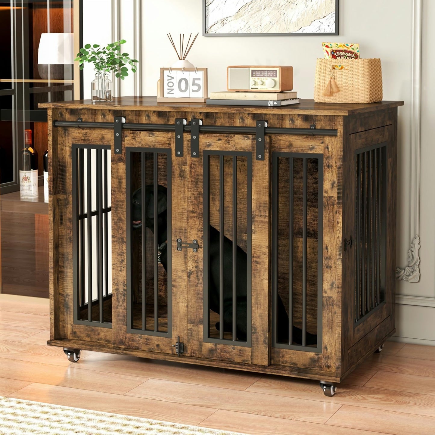 Wooden Dog Crate Furniture with Sliding Barn Door, 38.5" Medium Size Dog Cage with Lockable Wheels Double Doors, Indoor Dog Kennel Furniture End Table for Small/Medium/Large Dogs