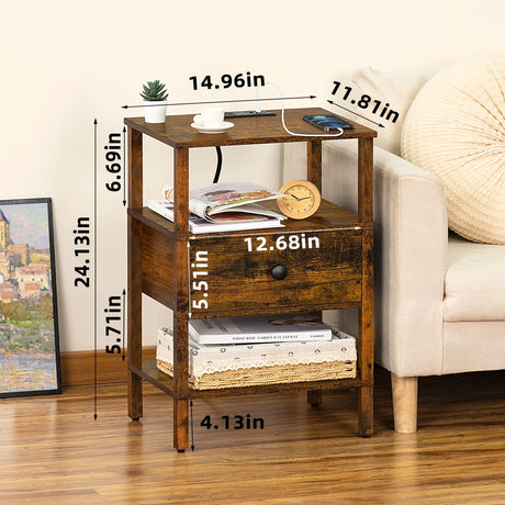 Lerliuo Nightstand with Charging Station and USB Ports, 3-Tier Storage End Table with Drawer Shelf, Night Stand for Small Spaces, Wood Bedside Table for Living Room, Bedroom - Retro Brown… Lerliuo
