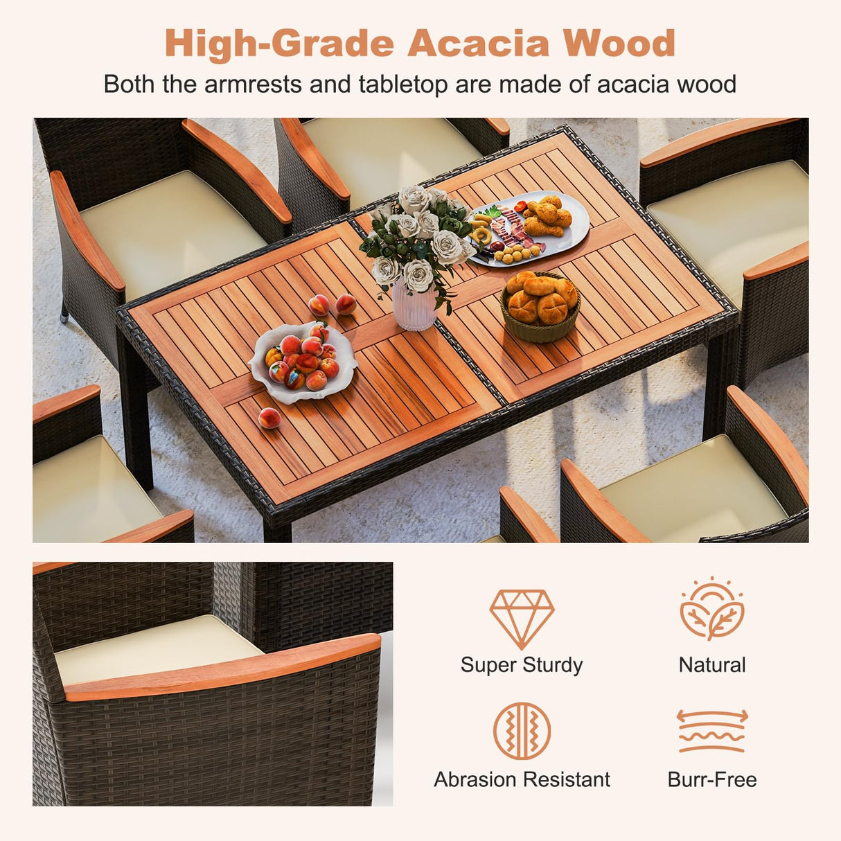HAPPYGRILL 7 Pieces Rattan Wicker Patio Dining Set, Outdoor Dining Set with Cushions, Large Dining Table with Acacia Wood Top, Outside Dining Furniture Set with Umbrella Hole HAPPYGRILL