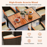 HAPPYGRILL 7 Pieces Rattan Wicker Patio Dining Set, Outdoor Dining Set with Cushions, Large Dining Table with Acacia Wood Top, Outside Dining Furniture Set with Umbrella Hole HAPPYGRILL