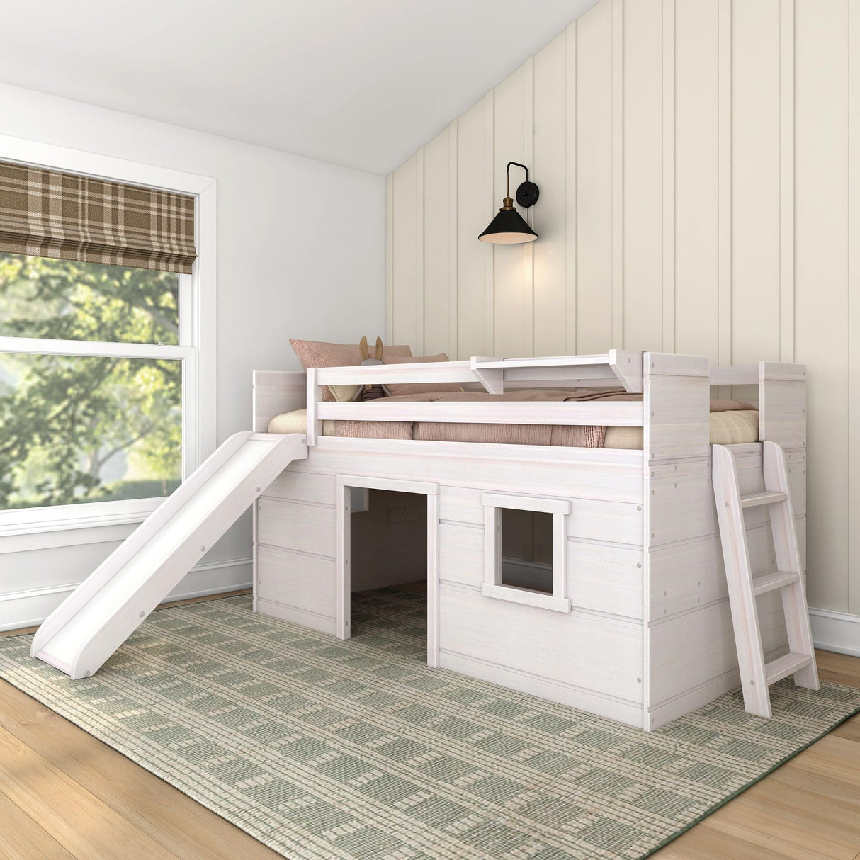 Max & Lily Loft Bed Twin Size, Solid Wood Low Loft Bed with Slide and Ladder, Modern Farmhouse Loft Bed for Kids, White Wash Max & Lily