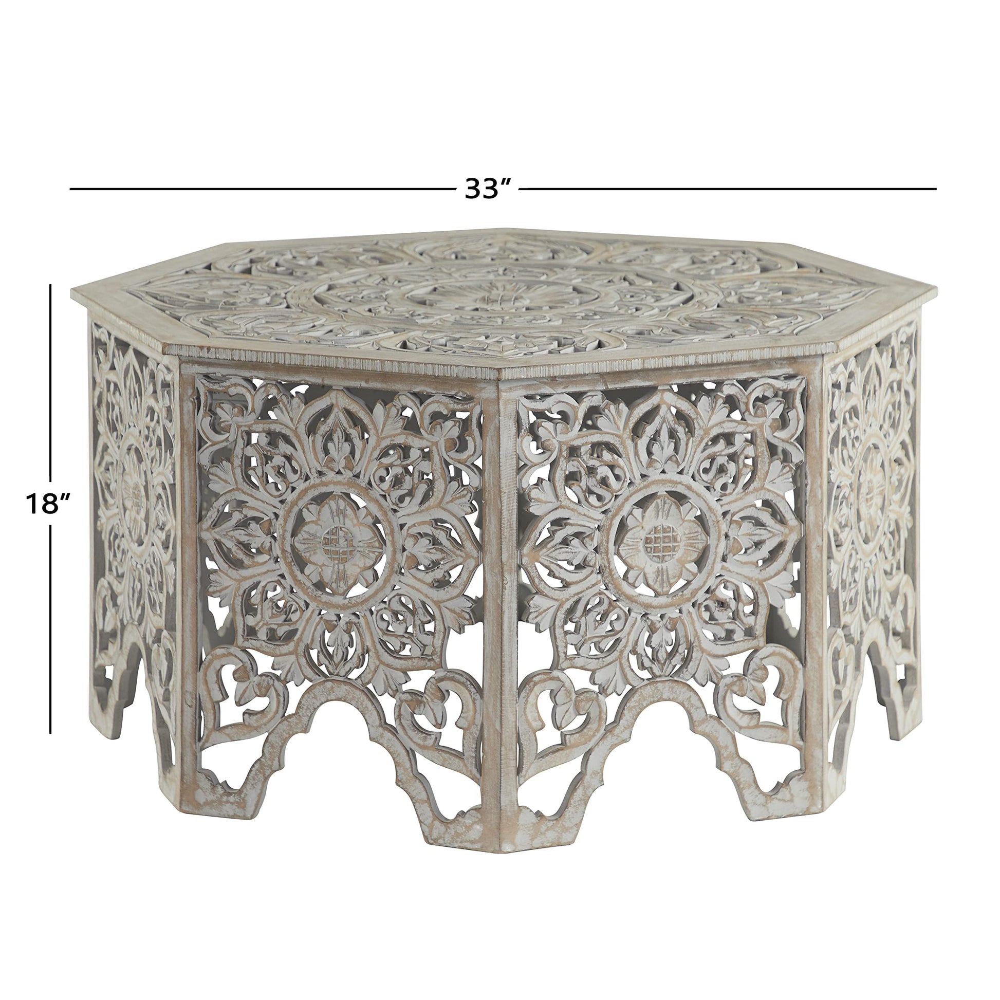 Deco 79 Wooden Floral Handmade Living Room Coffee Table Intricately Carved Table with Hollow Interior, Center Table 33" x 33" x 18", Light Gray - WoodArtSupply