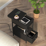 SOOWERY End Table with Charging Station, Narrow Side Table with Flip Top Cabinet and Fabric Drawer, Nightstand Bedside Tables for Small Spaces, Bedroom, Living Room, Black SOOWERY