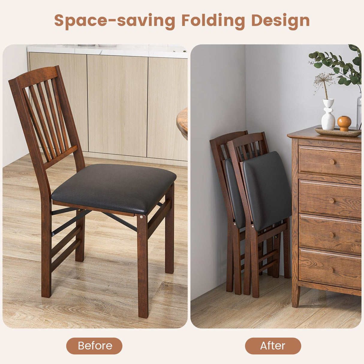 KOTEK Folding Dining Chairs Set of 2, Wooden Kitchen Chairs with Padded Seat & Solid Wood Frame, 400 LBS Weight Capacity, No Assembly Foldable Chair for Dining Room, Living Room KOTEK