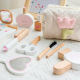 16Pcs Wooden Makeup Kit Toy for Toddlers, Pretend Play Beauty Salon Set with Styling Tools, Cosmetics and Storage Bag for Kids Age 3+ Gserin