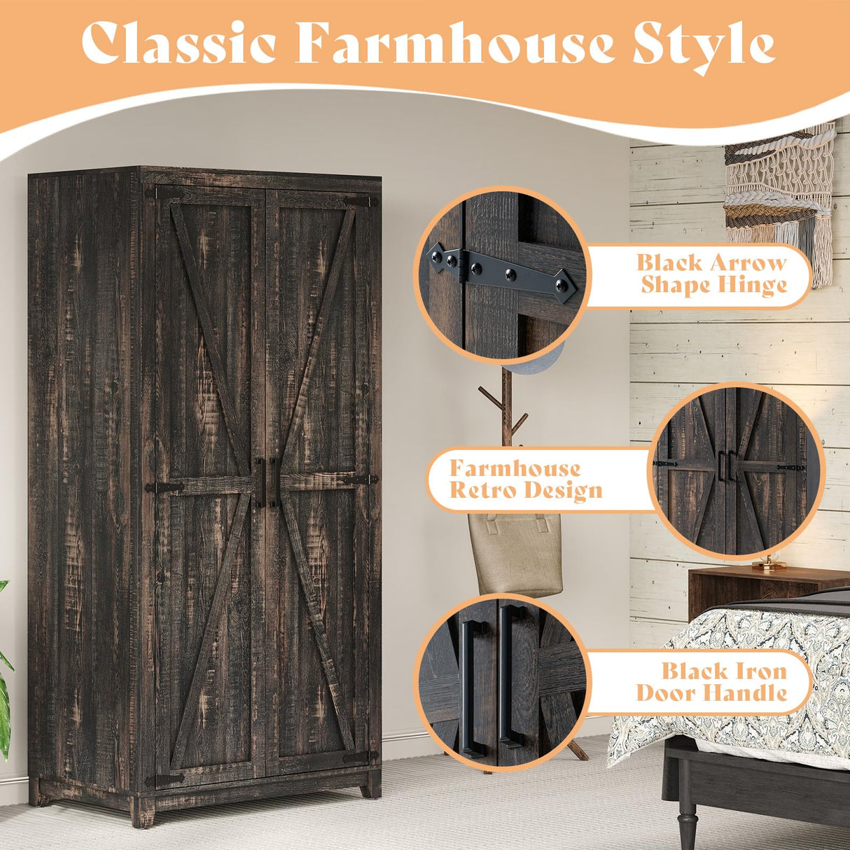 AMERLIFE Farmhouse Armoire Wardrobe Closet with 2 Barn Doors, 71'' Storage Cabinet with Hanging Rod & Shelf, Versatile Clothing Storage for Bedroom, Black Walnut AMERLIFE