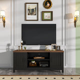 ChooChoo Farmhouse TV Stand, Wood Grooved Door Entertainment Center with Storage Cabinets and Open Shelves, Rustic Media Console up to 55 inches for Living Room, Bedroom, Black ChooChoo