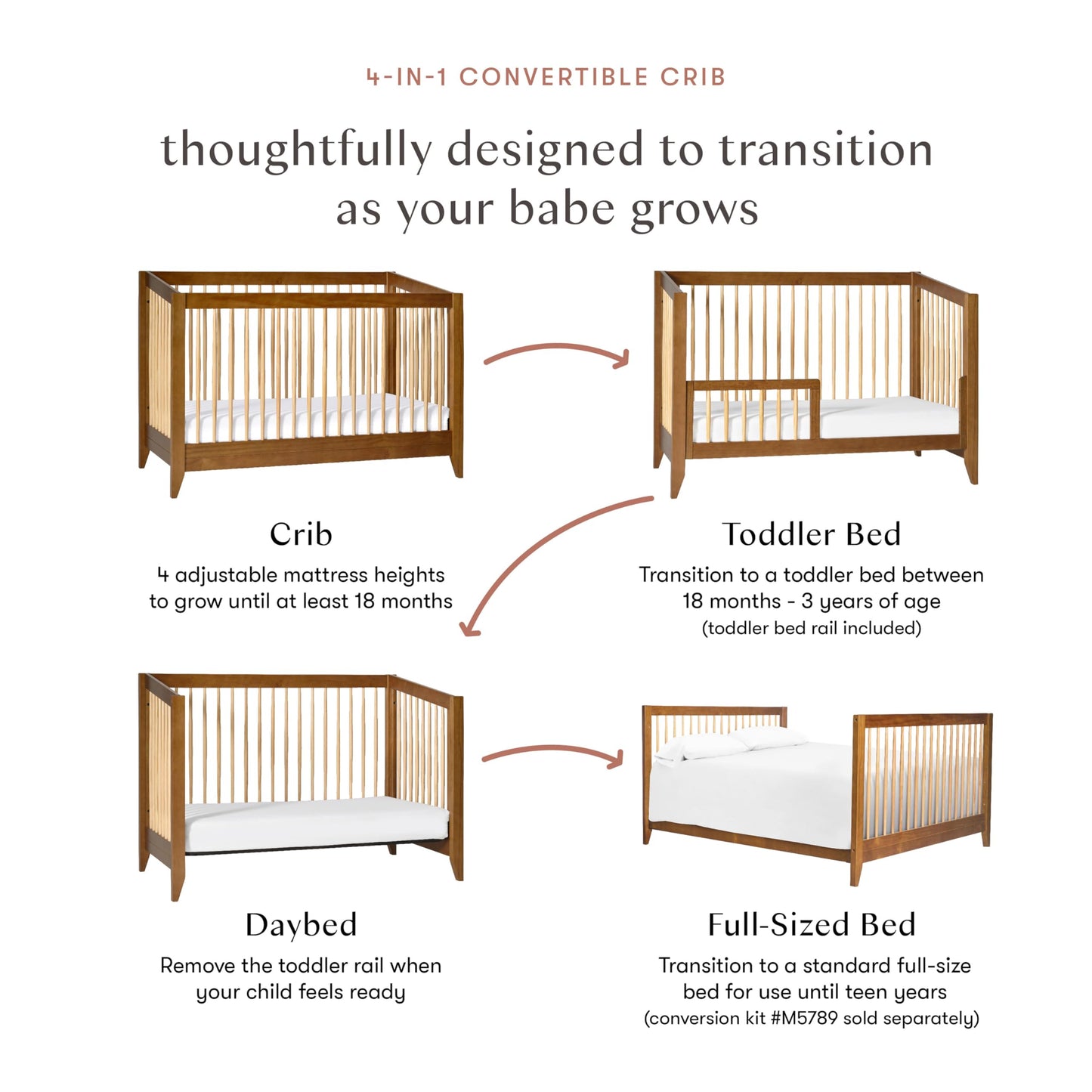 Babyletto Sprout 4-in-1 Convertible Crib with Toddler Bed Conversion Kit in Chestnut and Natural, Greenguard Gold Certified