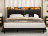 AOVSA Upholstered California King Bed Frame with Storage Headboard, Charging Station & LED Lights in Black AOVSA