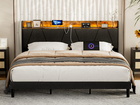 AOVSA Upholstered California King Bed Frame with Storage Headboard, Charging Station & LED Lights in Black AOVSA