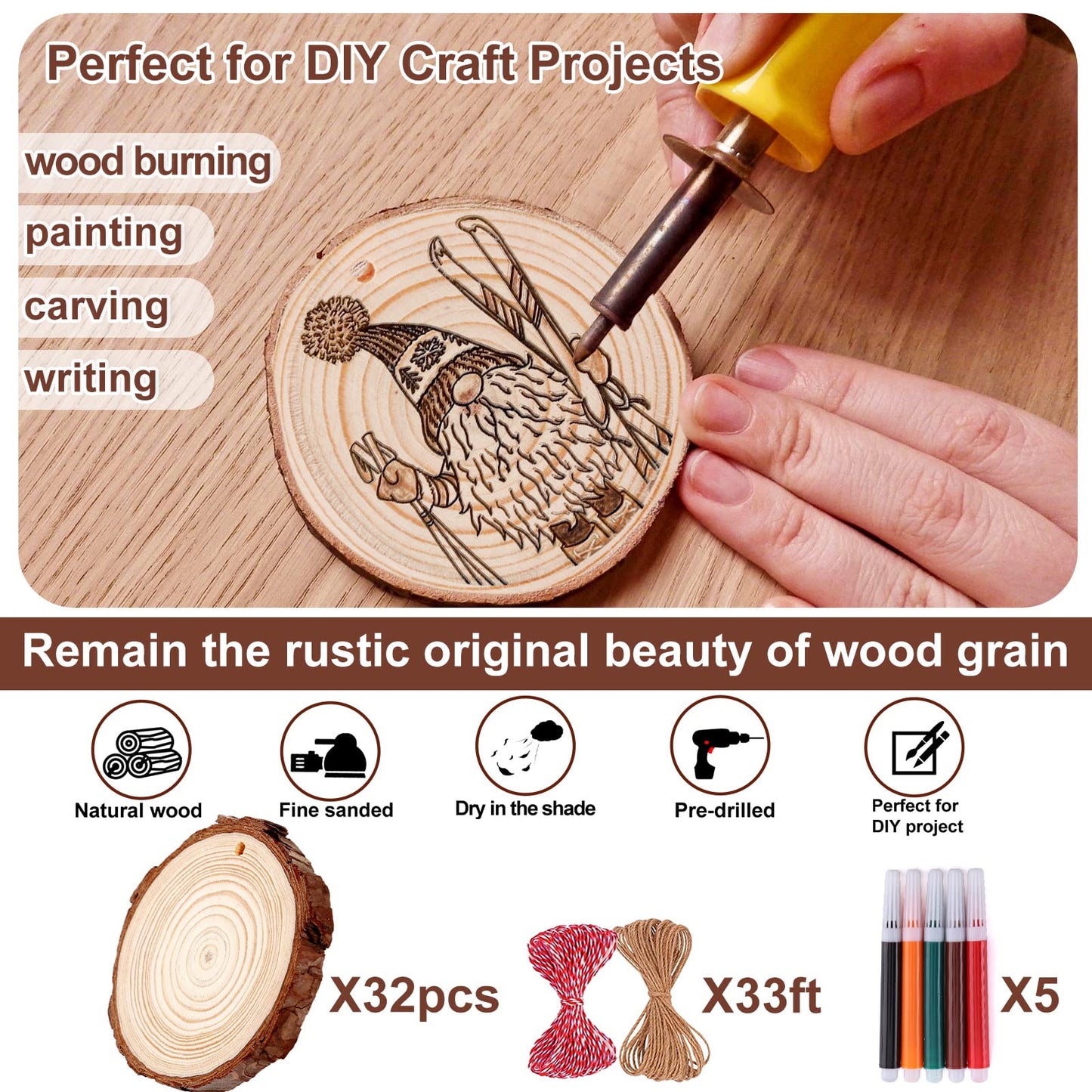 Wood Slices 32 Pcs 2.8-3.1 Inch, Natural Unfinished Wood Rounds Slice Ornaments, Round Craft Wood Kit Predrilled Wood Circles for DIY Crafts Christmas Wedding Centerpieces Wooden Coasters Burning