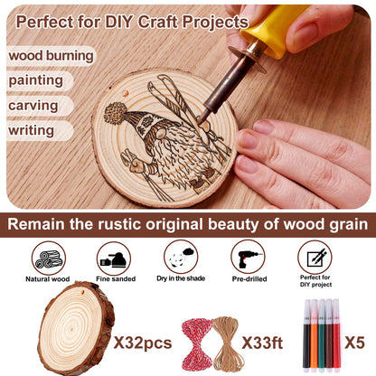 Wood Slices 32 Pcs 2.8-3.1 Inch, Natural Unfinished Wood Rounds Slice Ornaments, Round Craft Wood Kit Predrilled Wood Circles for DIY Crafts Christmas Wedding Centerpieces Wooden Coasters Burning