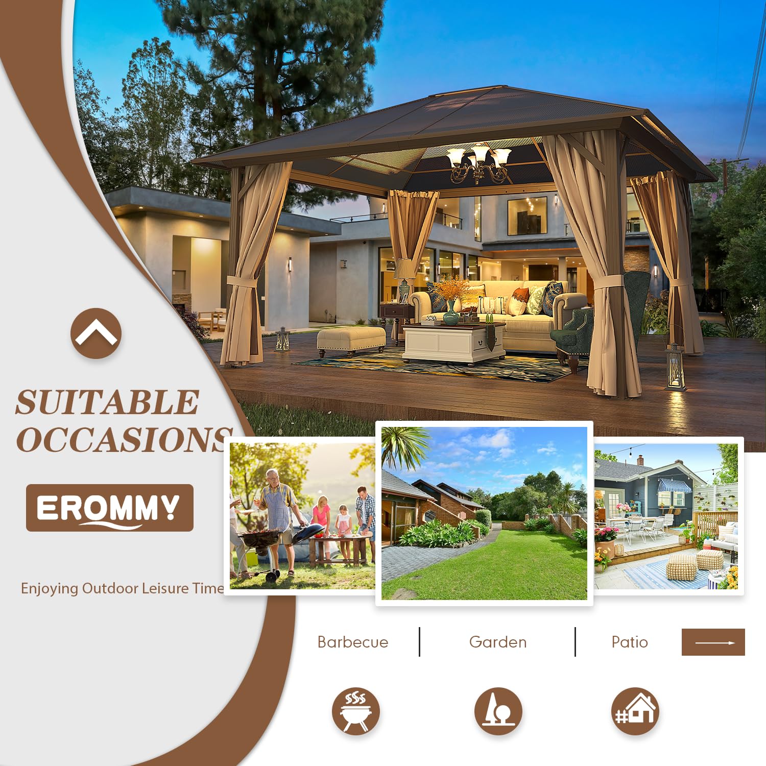 EROMMY 12' x 14' Gazebo Single Polycarbonate Roof Canopy Outdoor Aluminum Frame Permanent Pergolas with Netting and Curtains for Patio Backyard Garden Lawns Parties - WoodArtSupply