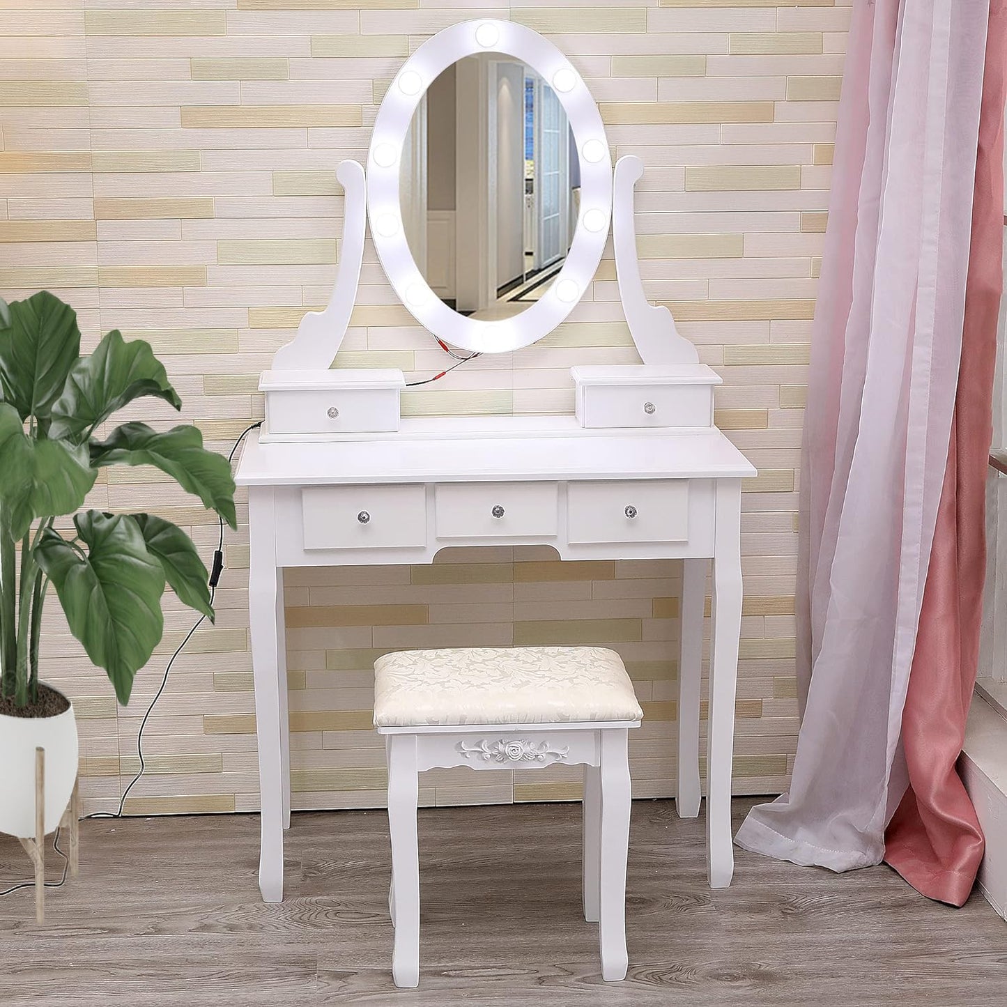 GIMMYFIVE Vanity Desk with Mirror and Lights, Wood Makeup Dressing Table with Oval Mirror & Stool,3 Colors Lighting Modes,Modern Bedroom Dressing Table with 5 Large Drawers for Kids Women Girls,White