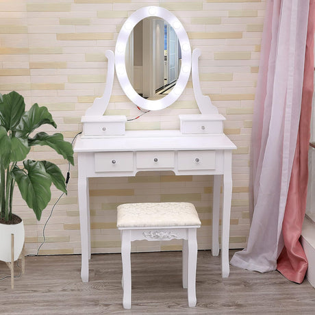 GIMMYFIVE Vanity Desk with Mirror and Lights, Wood Makeup Dressing Table with Oval Mirror & Stool,3 Colors Lighting Modes,Modern Bedroom Dressing Table with 5 Large Drawers for Kids Women Girls,White GIMMYFIVE