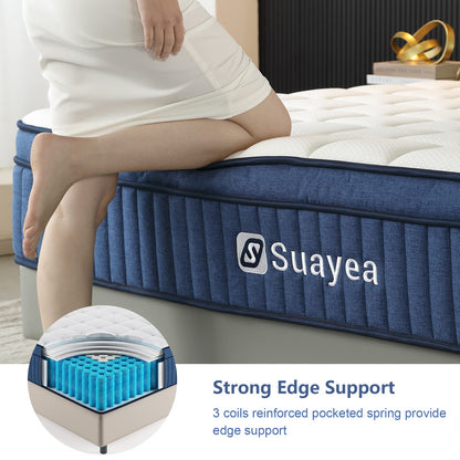 SUAYEA King Mattress, 14 Inch King Size Mattress in a Box, (Upgrade Strengthen) Hybrid Mattress King Size, Ultimate Motion Isolation with Soft Foam and Pocket Spring, Medium Firm, Edge Support