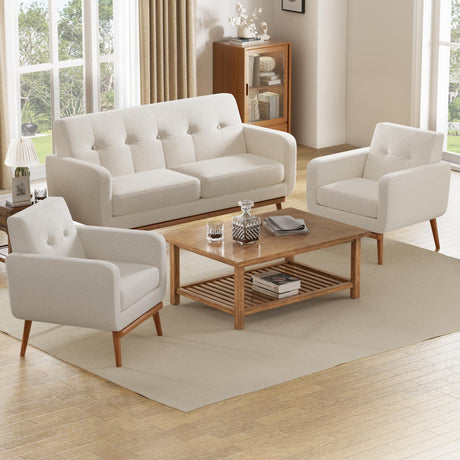 HUIMO Living Room Set, Button Tufted Living Room Furniture Sets, Upholstered Modern Couch Set with Solid Frame, Deep Seat Sofa Set for Living Room, Office (White, 3 Piece Set-1*loveseat+2*Chair) HUIMO