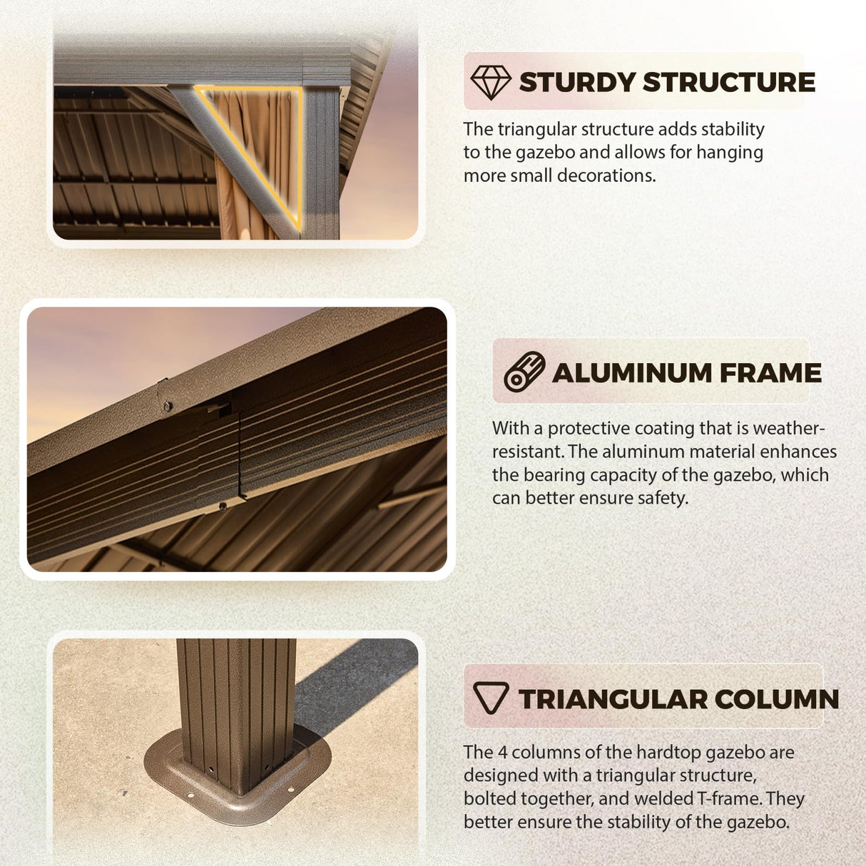 YOLENY 12' x 16' Gazebo Hardtop with Aluminum Frame,Galvanized Steel Double Roof Gazebos with Curtain and Netting,Outdoor Metal Pergolas for Garden, Lawn, Deck, Brown YOLENY