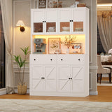 FINETONES 71" Pantry Cabinet with LED Light and Charging Station, Farmhouse Kitchen Pantry Cabinet with Microwave Stand, 47.2" Wide Kitchen Hutch Food Pantry with Open Countertop, White FINETONES