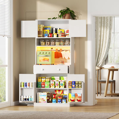 Korfile 71" Tall Food Pantry Cabinet with Power Outlet LED Light, Kitchen Storage Cabinet with 4 Doors, Hutch with Microwave Stand, Cupboard with Drawers for Kitchen, Dining Room, White