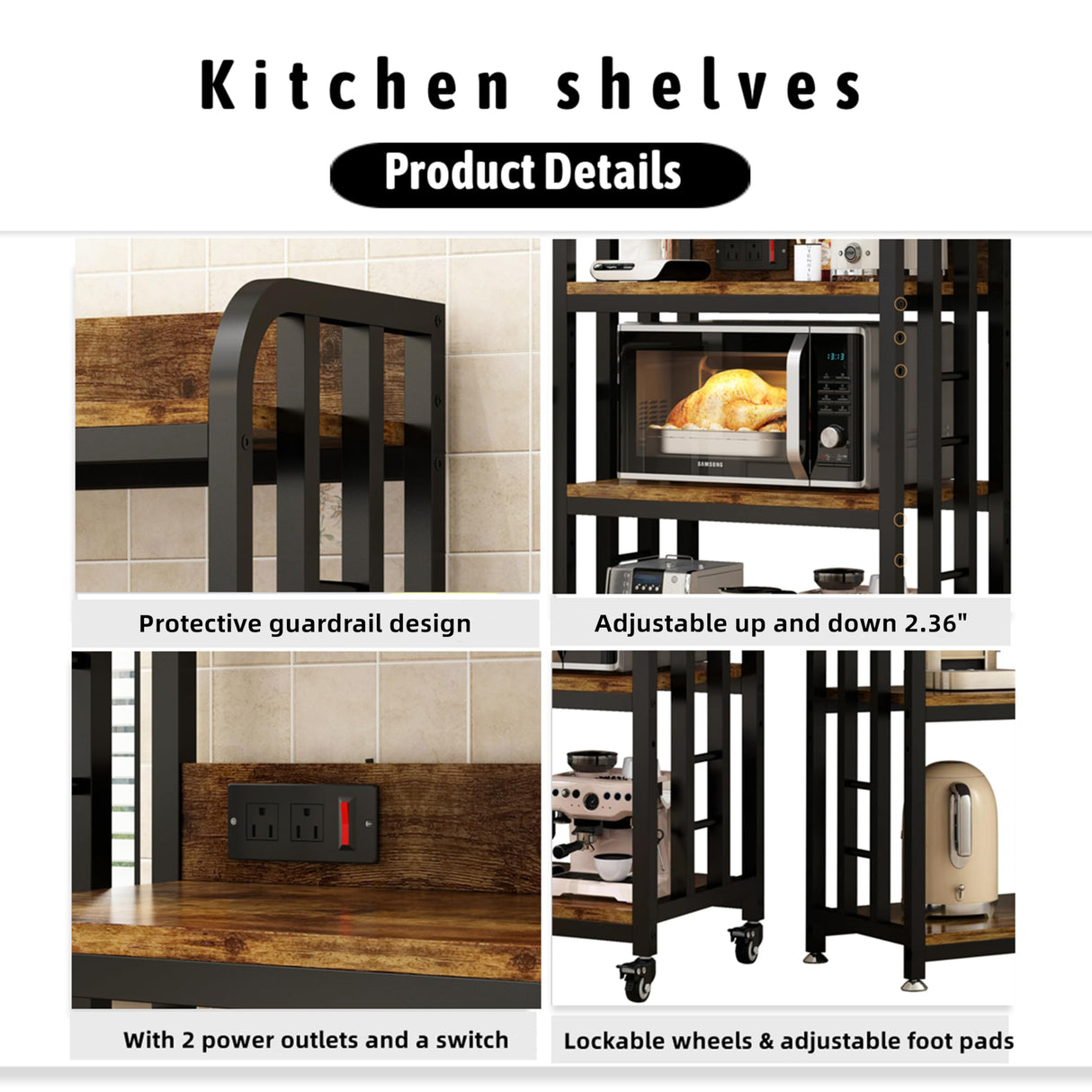 4-Tier Kitchen Bakers Rack with Power Outlet and Rolling Wheels, Microwave Stand with Storage, Adjustable Kitchen Shelves Freestadning, Coffee Bar Station, Bakers Rack for Spices, Pots and Pans, Brown BINGO CHERRY