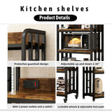 4-Tier Kitchen Bakers Rack with Power Outlet and Rolling Wheels, Microwave Stand with Storage, Adjustable Kitchen Shelves Freestadning, Coffee Bar Station, Bakers Rack for Spices, Pots and Pans, Brown BINGO CHERRY
