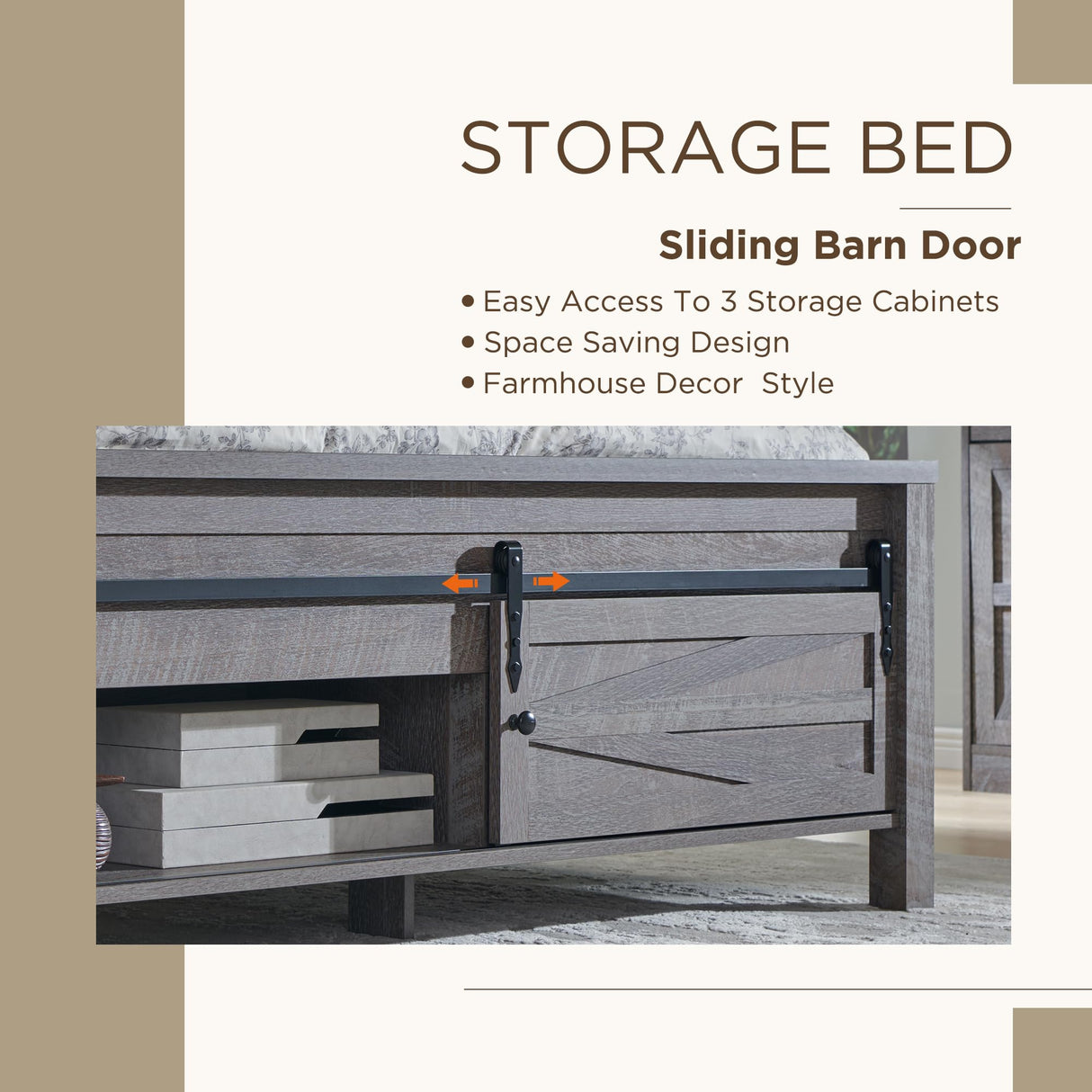 JXQTLINGMU King Farmhouse Wood Bed Frame with Sliding Barn Door Storage Cabinets, Solid Wood Slats Support, Noiseless, No Box Spring Needed, Grey JXQTLINGMU