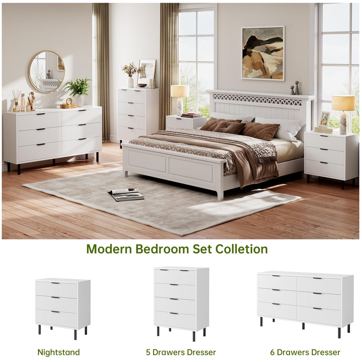 GAOMON White Wave Fluted 3 Drawers Dresser, Wide Wood Chest of Drawers, Modern Storage Dresser Chest of Drawers Organizer with Metal Legs and Anti-Tipping Device for Bedroom Living Room GAOMON