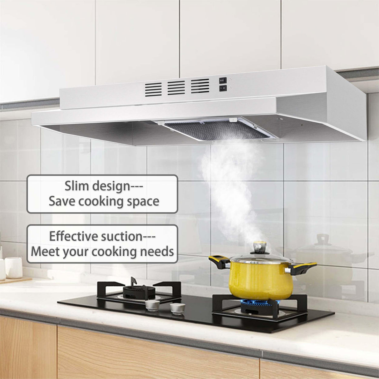 SNDOAS 30 inch Range Hood Ducted/Ductless Convertible Stainless Steel Range Hood Under Cabinet with Rocker Button Control,Vent Hood with LED Light,2 Speed Exhaust Fan,Under Cabinet Hood,Silver SNDOAS