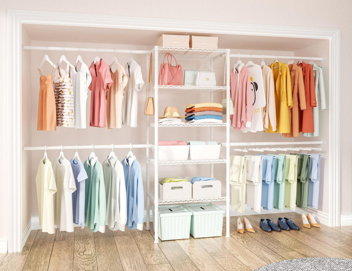 Ulif M2 Closet Organizer System, 5.9 Feet Height Mounted to the Wall Garment Rack with 4 Expandable Hanger Rods, 5 Shelves in 23.6" L x 14.5" W, Suit Total Space from 5.8-8.8 ft, White Ulif