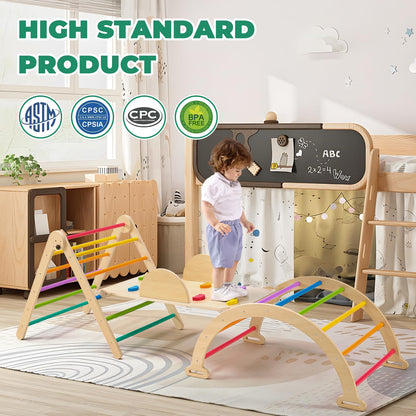 7-in-1 Rainbow Pikler Triangle Set, Montessori Foldable Large Size Baby Climbing Toys Indoor Gym for Toddlers 1-3 Wooden Climbing Set, Adjustable Height Pikler Triangle, Kids Toys with Ramp Sliding