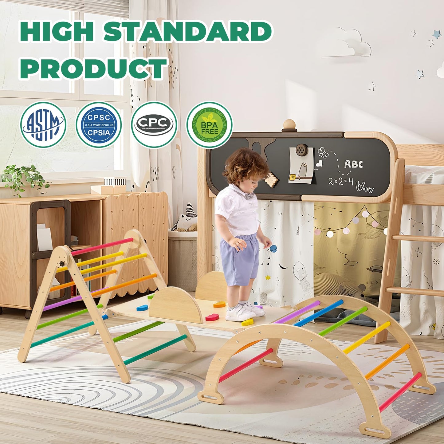 7-in-1 Pikler Triangle Set - Wooden Toddler Climbing Toys, Indoor Playground with Ramp for Sliding or Climbing, Jungle Gyms for Toddlers, Montessori Climbing Set-Medium