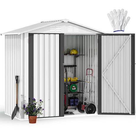 DWVO 6x4ft Metal Outdoor Tool Shed, Garden Storage Shed for Backyard, Lawn, and Patio, Heavy-Duty Storage Unit with Four Vents & Lockable Door for Storing Tools, Equipment & Trash Bins, White DWVO