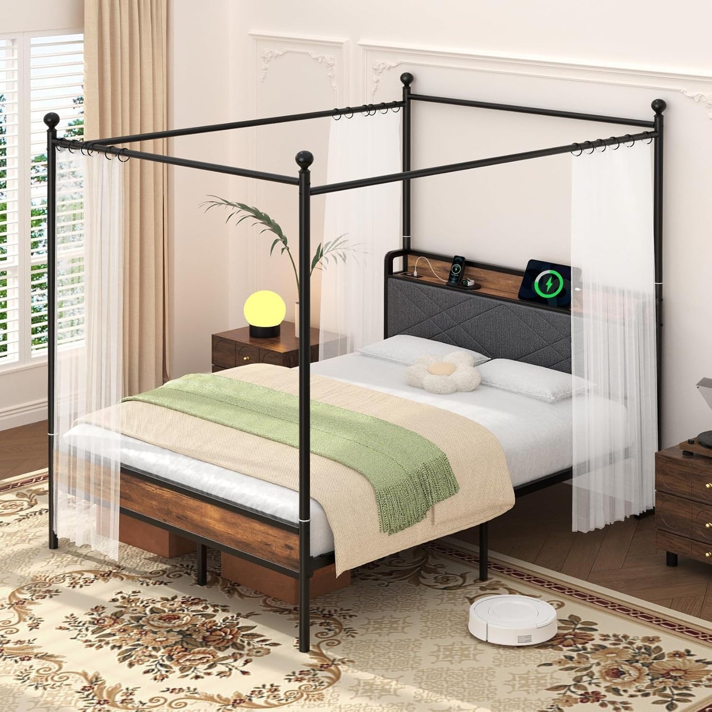 Winkalon Metal Canopy Bed Frame, Full Size Bed Frame with 4 Removable Sturdy Posts Hanging Curtains, Iron Bed Platform with Charging Station LGB Light, No Box Spring Needed Strong Slat Support