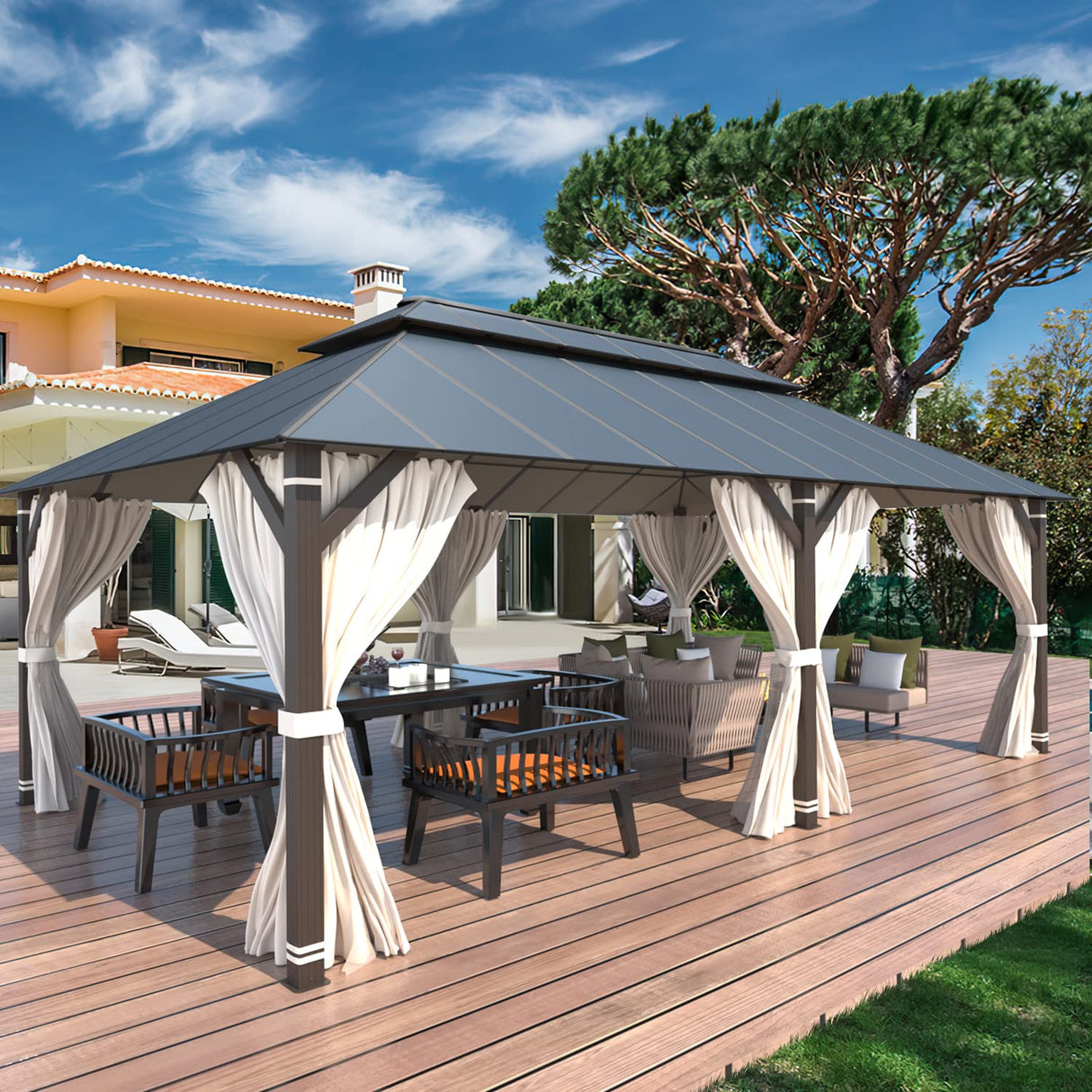 EROMMY 12' x 20' Gazebo Outdoor Double Roof Aluminum Composite Canopy Aluminum Frame Pavilion with Curtains and Netting for Patio Lawn Garden Backyard EROMMY