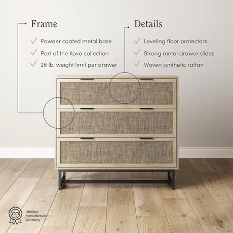 Nathan James Accent Storage Boho Modern Free Standing Buffet Sideboard Cabinet for Hallway, Entryway, Dining Living Room, 1 Dresser with 3 Drawers, Kova Dresser - Light Oak/Black Nathan James