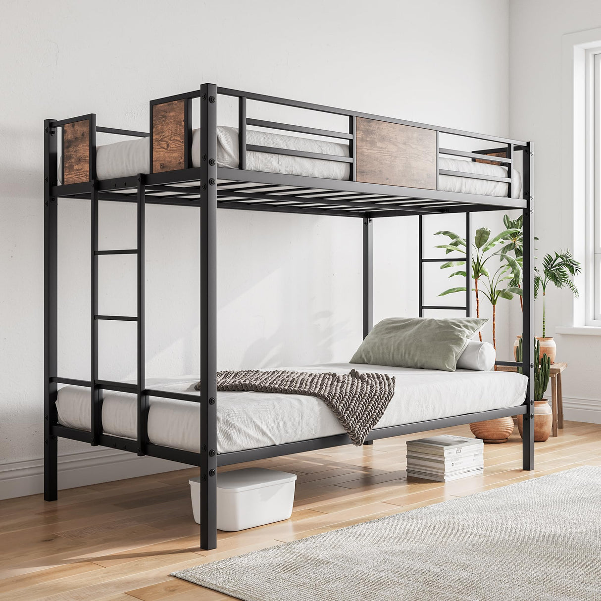 VECOCHO Metal Bunk Bed Twin Over Twin with 2- Side Ladder and Full-Length Guardrail，Space-Saving Design/No Box Spring Needed/Noise Free,Black & Vintage Brown VECOCHO