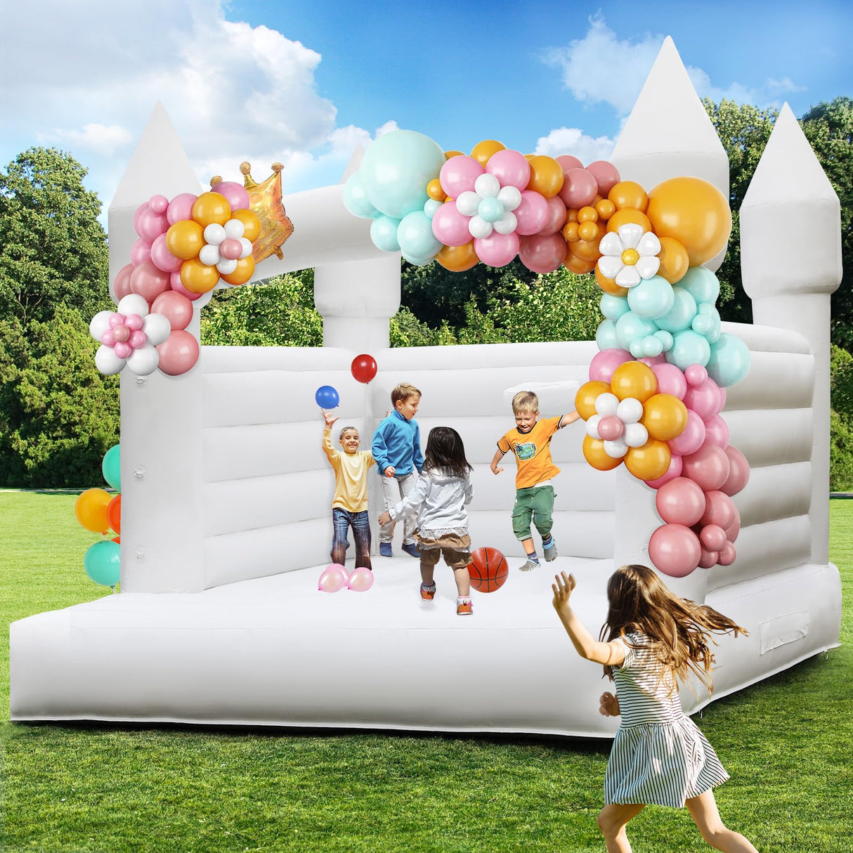 14FT PVC White Bounce House, Inflatable Bouncer for Kids, 3 in 1 Jumper Bounce House Bouncy Castle for Kids, Indoor & Outdoor, Party, with 750W Blower, Balloon, 2 Basketball Set (White, 14FT) MAPONEEN