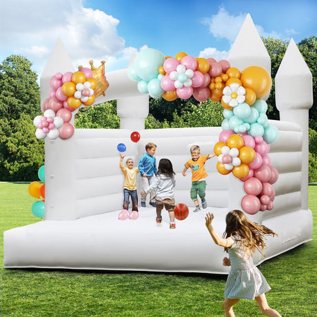 14FT White Bounce House, 100% PVC Outdoor Inflatable Castle for Kids - Fun Bouncy Castle, Easy to Set up Jumpy House with Slide and Ball Pit for Holidays, Yard Decorations, and Parties kaiwrxin