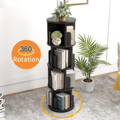 360° Rotating Black Bookcase - Space-Saving 4-Tier Bookshelf for Kids & Adults - WoodArtSupply