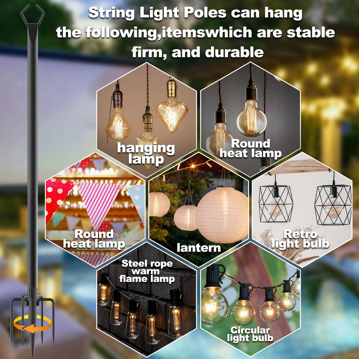 6 Pack 10 ft Heavy Duty Metal String Light Poles Adjustable Outdoor Lighting Stand for Patio,Backyard,Garden,Party & Wedding Rustproof & Sturdy with Hooks talkhigh
